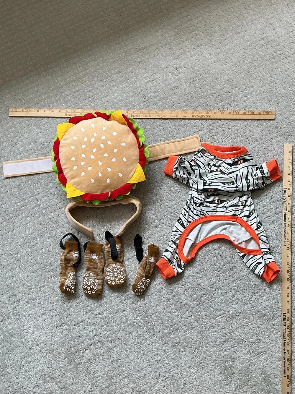 Dog Halloween costumes and socks -  Burger Costume and Zebra Print Pajamas, sock